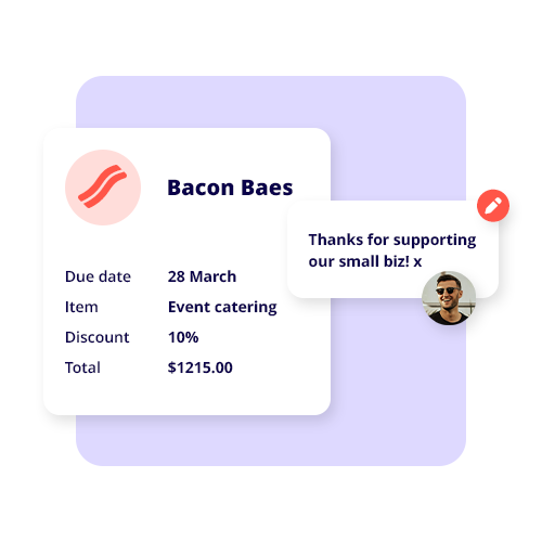 Easily create invoices and estimates and send to your customers via email. You can even customise the invoice or add a personalised message to individual invoices.